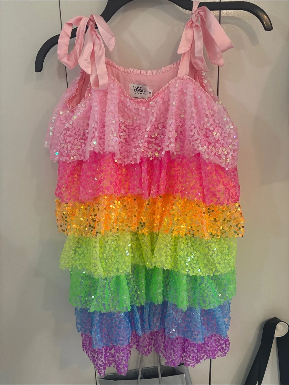 Lola + The Boys Kids' Neon Sequin Ruffle Dress vibrant, rainbow-colored 8